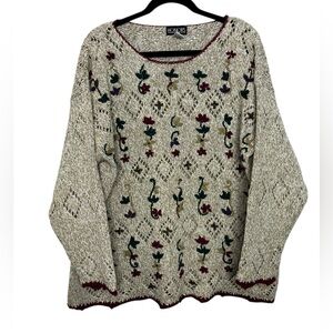 VTG Oversized Honors Cottagecore Floral Embroidered Knitted Sweater Women Large